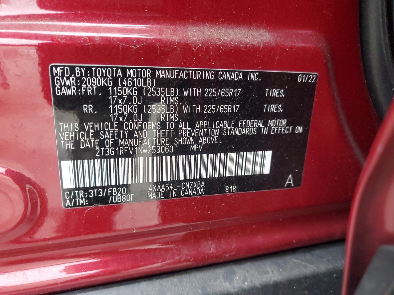 2022 TOYOTA RAV4 LE VIN:2T3G1RFV1NW253060