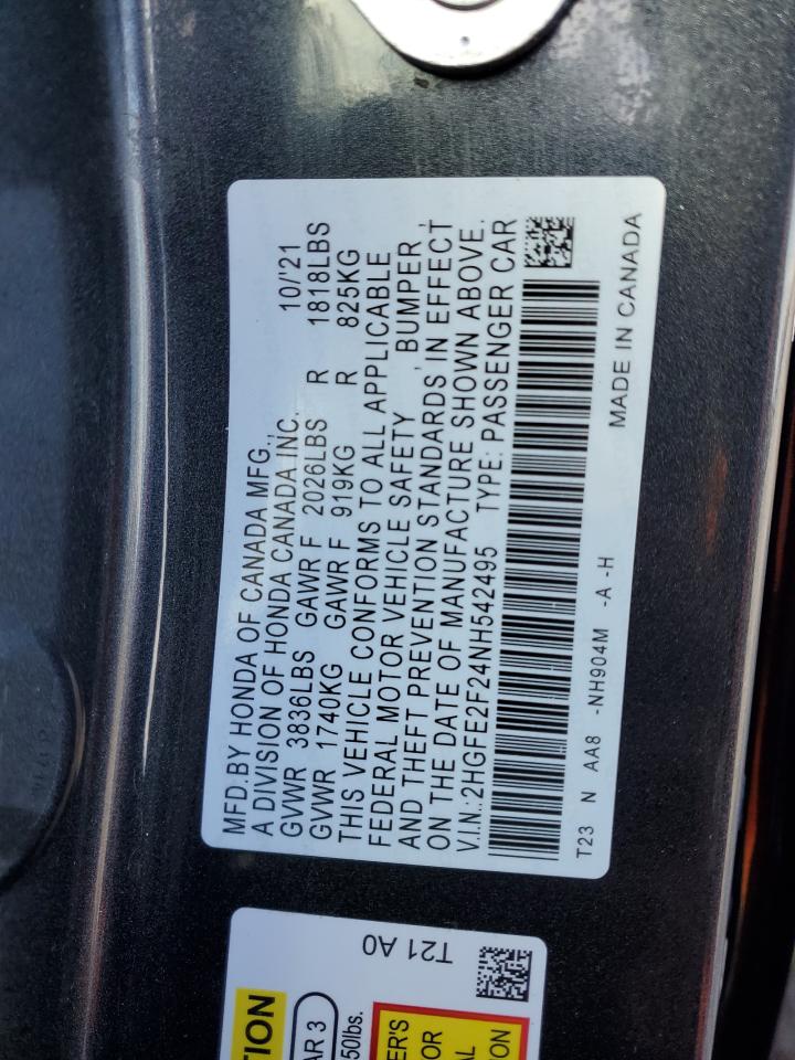 2022 HONDA CIVIC LX VIN:2HGFE2F24NH542495