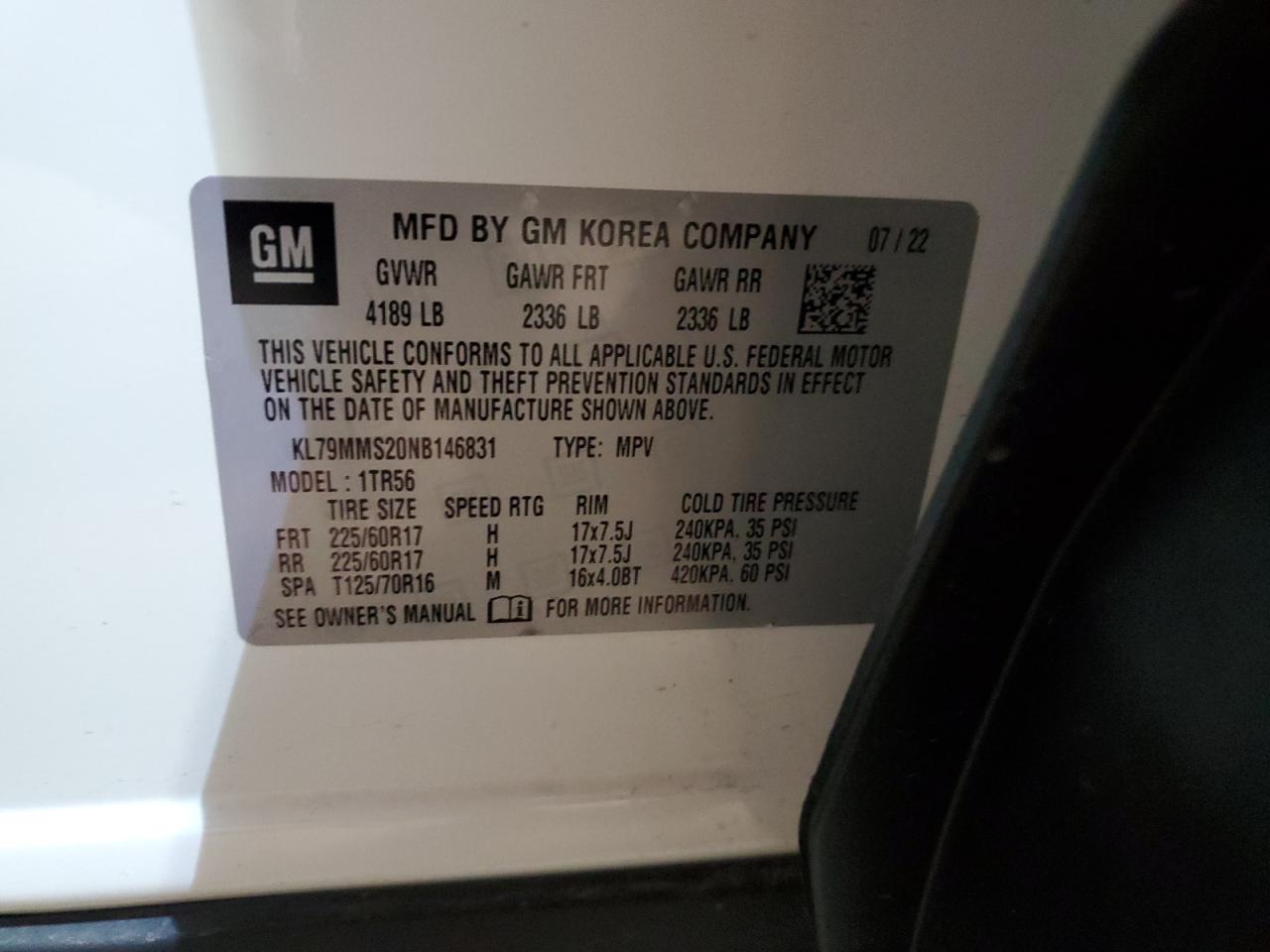 2022 CHEVROLET TRAILBLAZER LS VIN:KL79MMS20NB146831