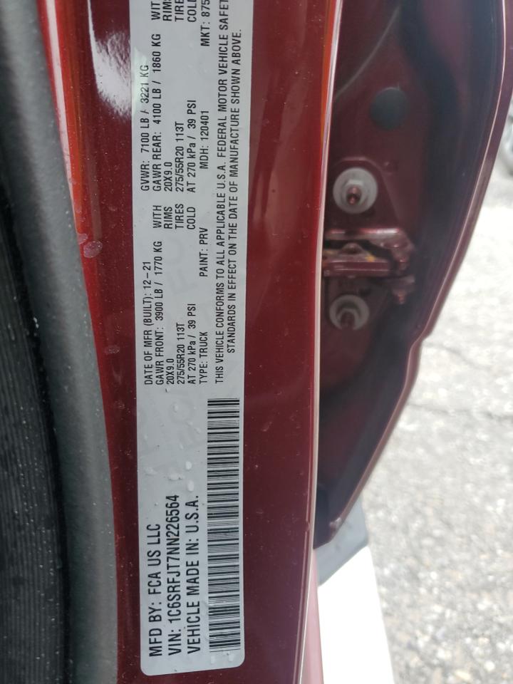 2022 RAM 1500 LARAMIE VIN:1C6SRFJT7NN226564