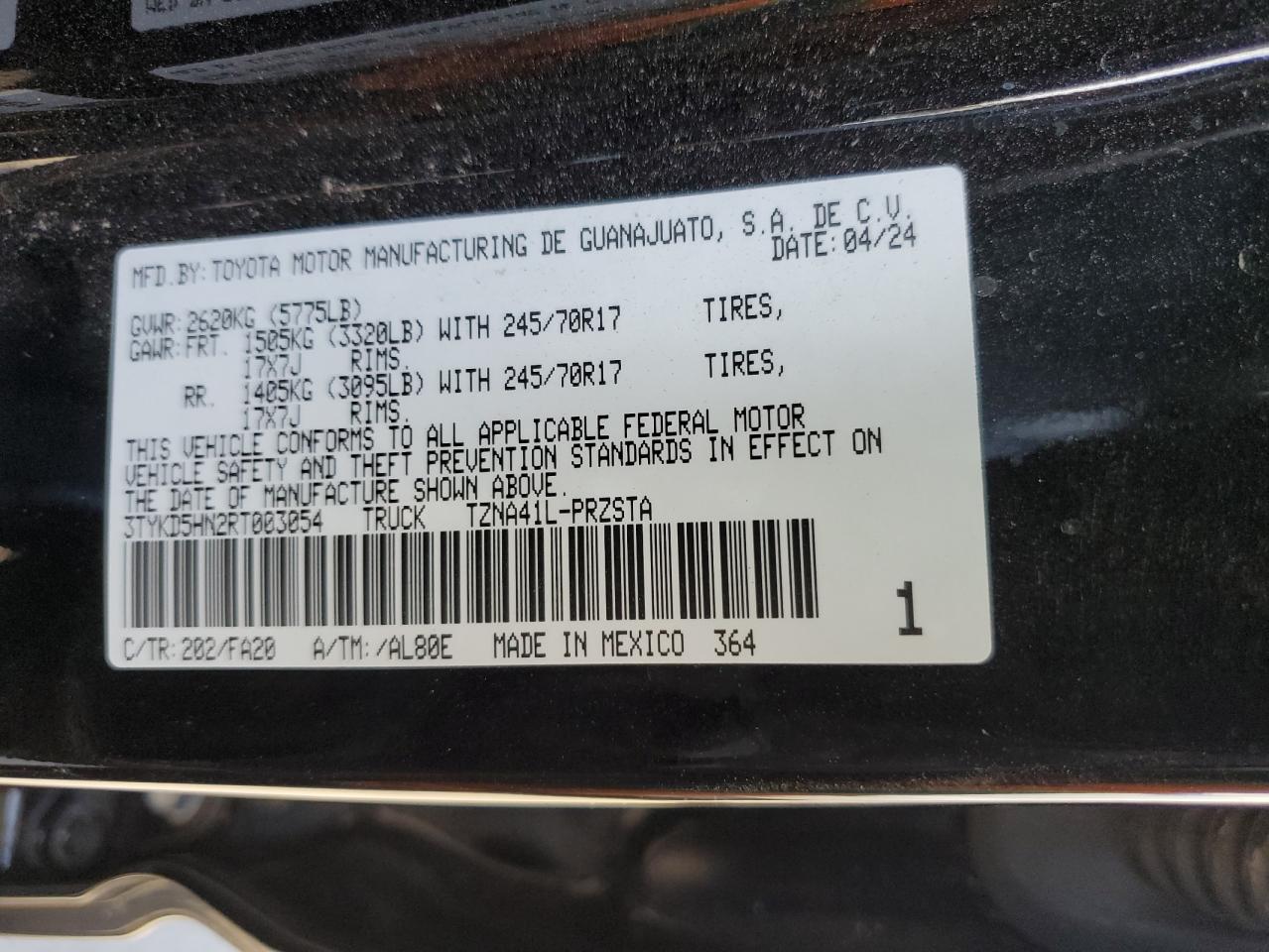 2024 TOYOTA TACOMA DOUBLE CAB VIN:3TYKD5HN2RT003054
