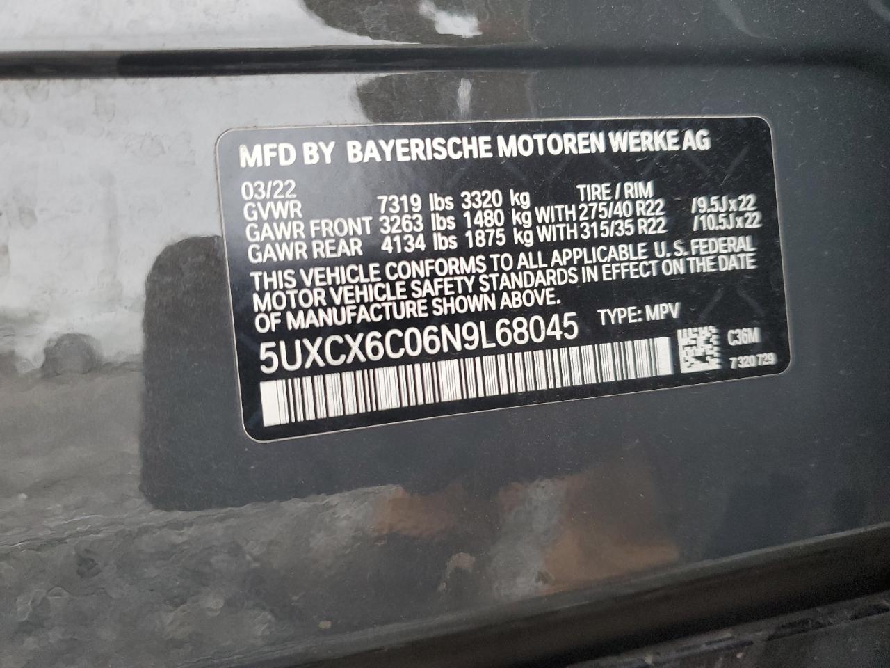 2022 BMW X7 M50I VIN:5UXCX6C06N9L68045