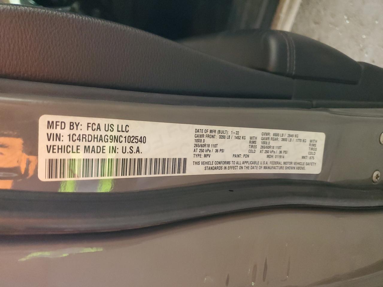 2022 DODGE DURANGO SXT VIN:1C4RDHAG9NC102540