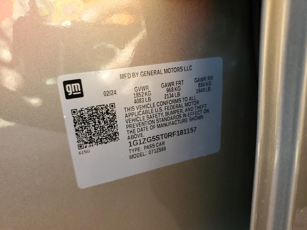 2024 CHEVROLET MALIBU RS VIN:1G1ZG5ST0RF181157