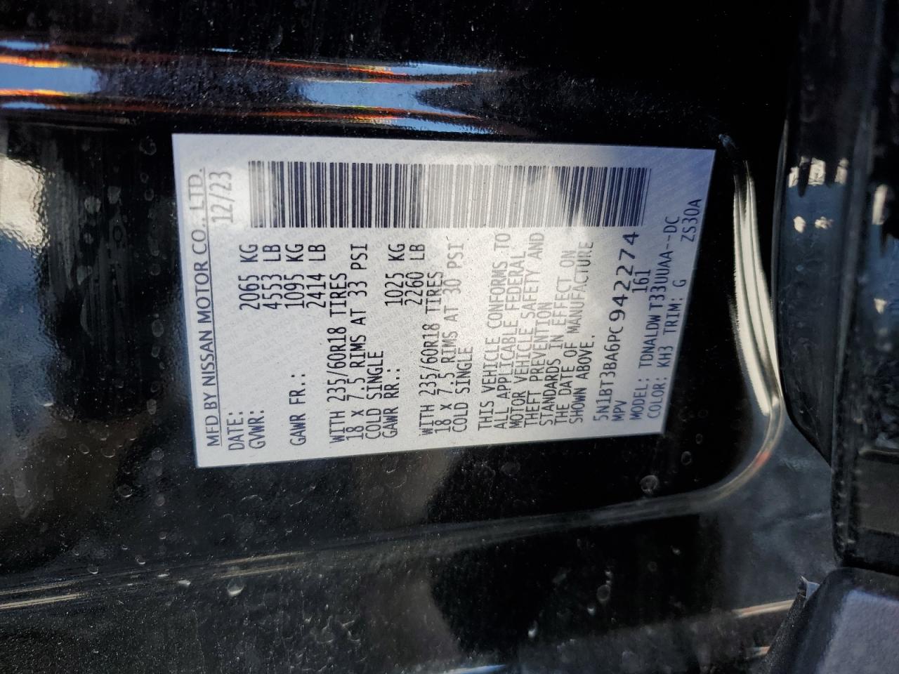 2023 NISSAN ROGUE SV VIN:5N1BT3BA6PC942274