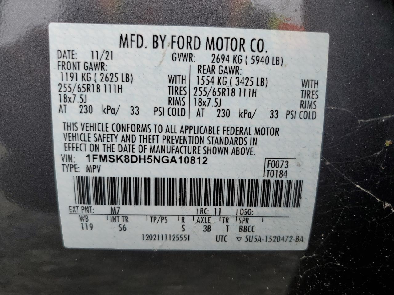 2022 FORD EXPLORER XLT VIN:1FMSK8DH5NGA10812