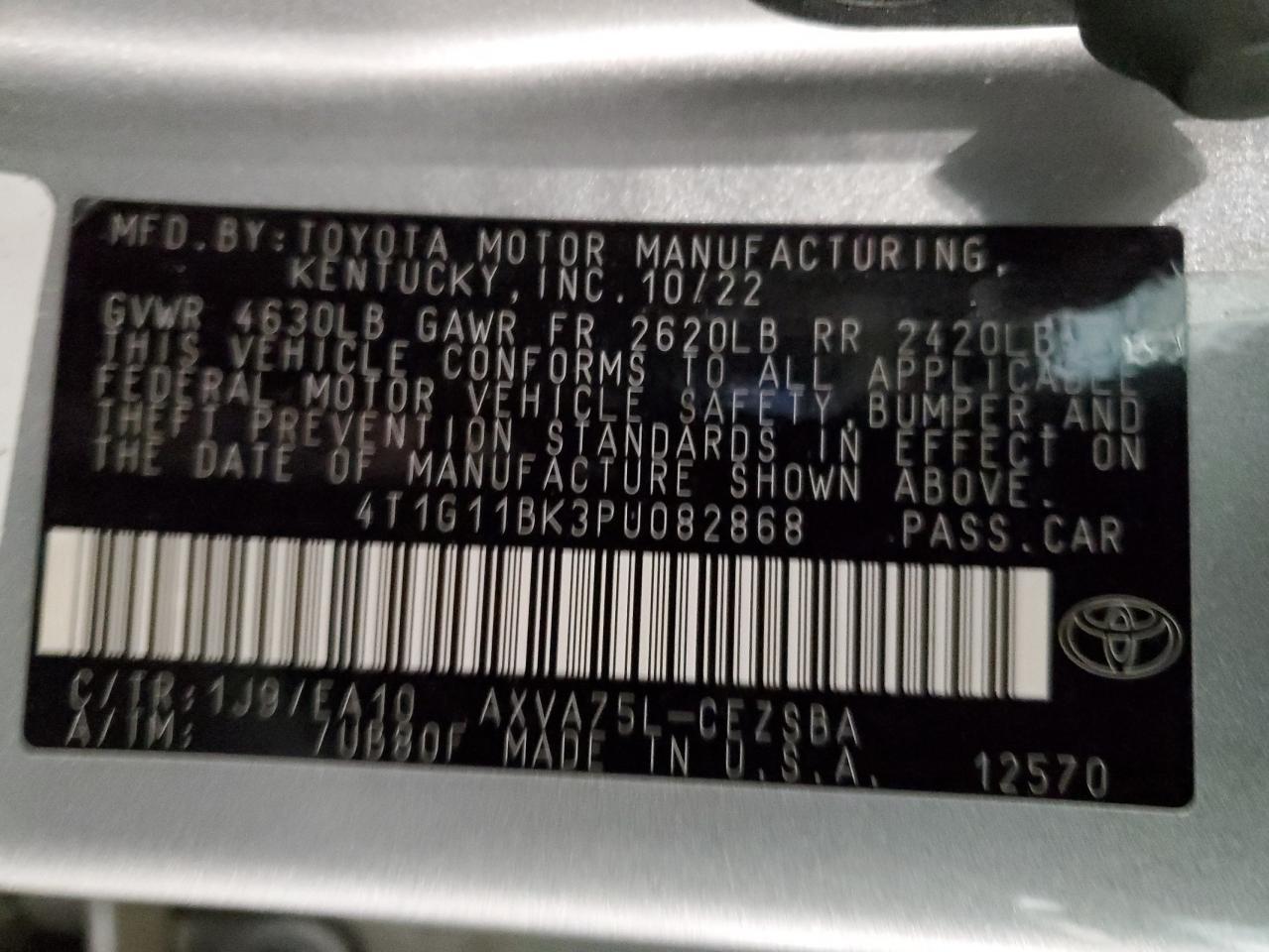 2023 TOYOTA CAMRY SE NIGHT SHADE VIN:4T1G11BK3PU082868