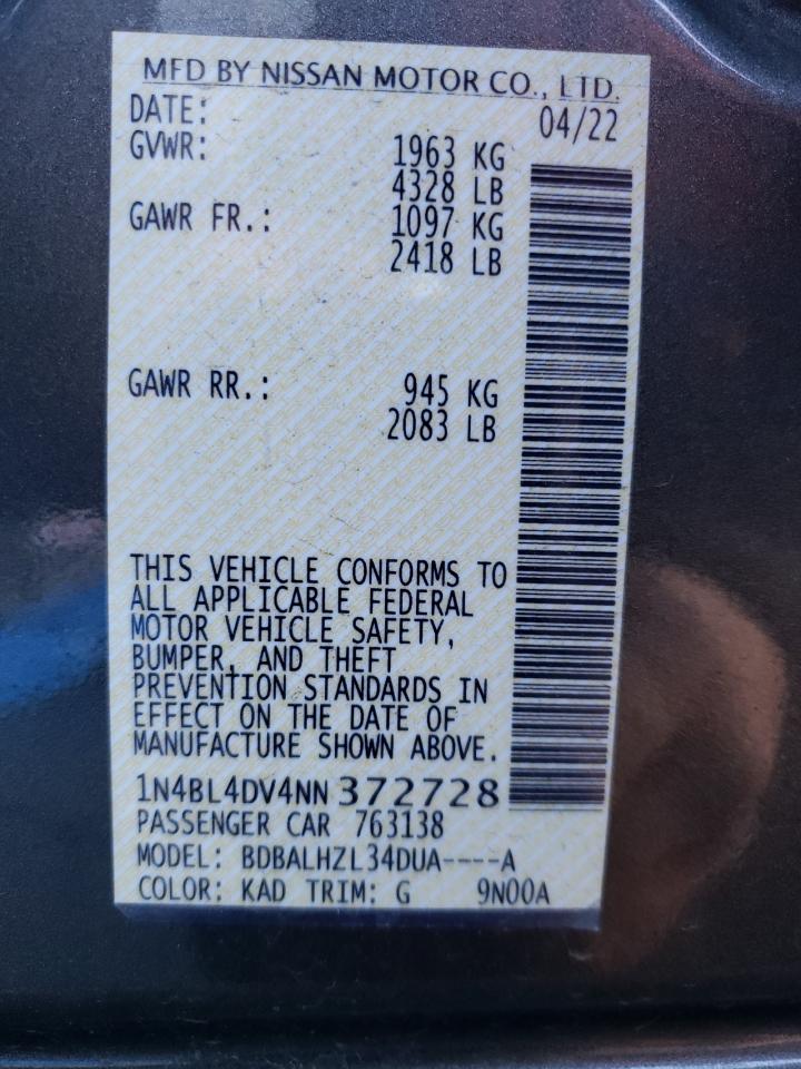 2022 NISSAN ALTIMA SV VIN:1N4BL4DV4NN372728