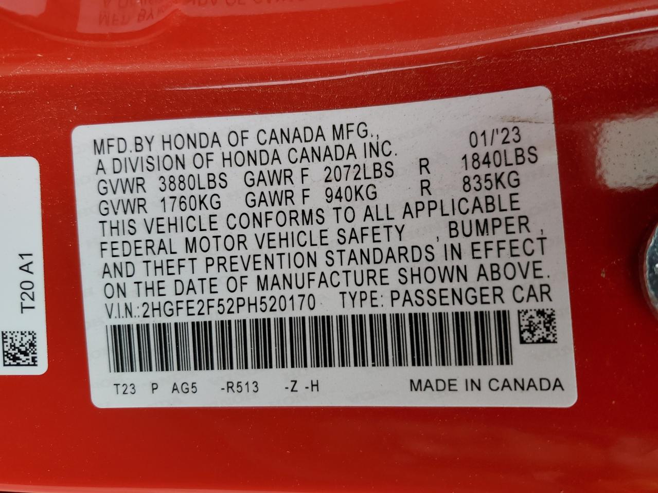 2023 HONDA CIVIC SPORT VIN:2HGFE2F52PH520170