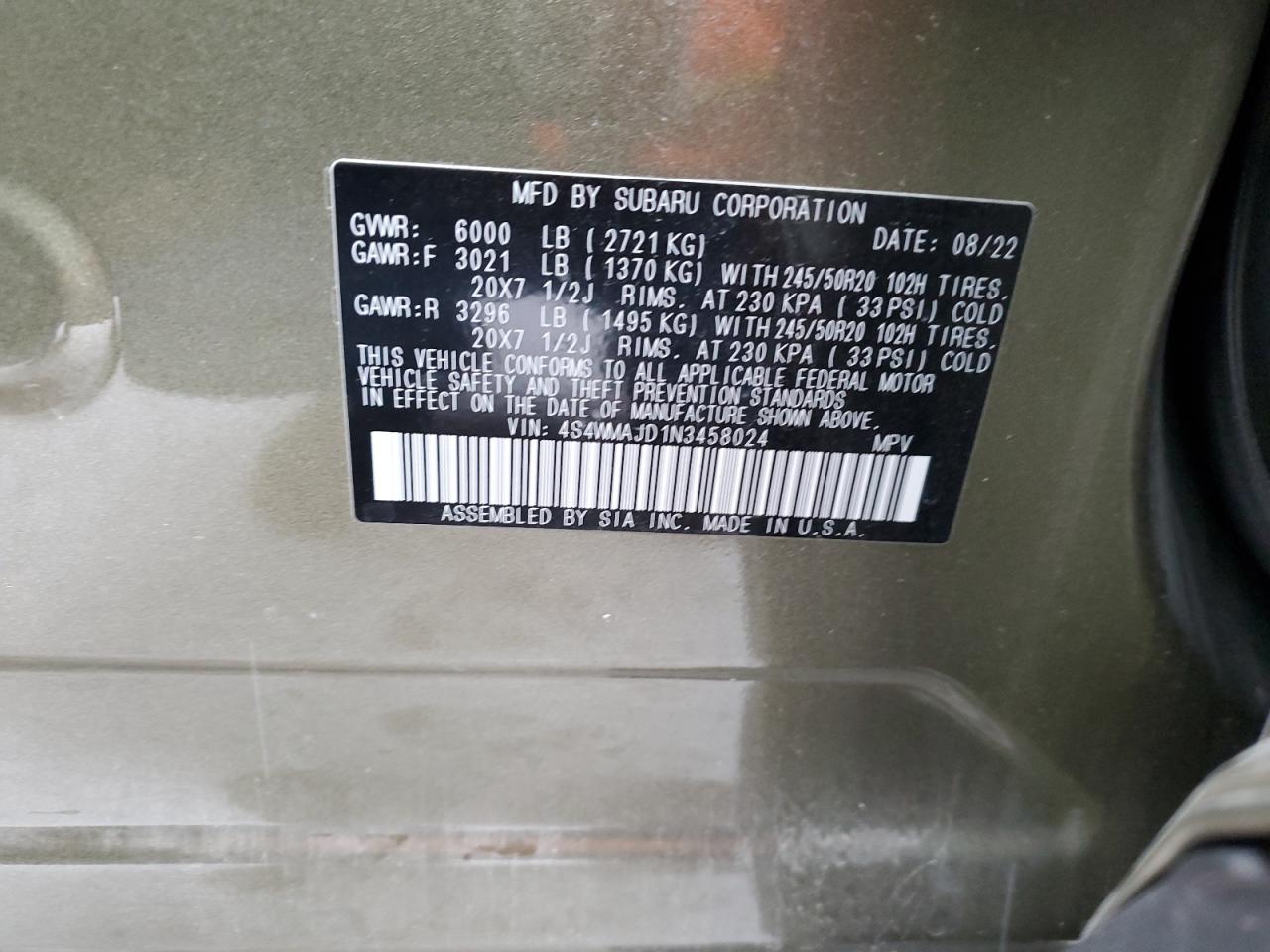 2022 SUBARU ASCENT ONYX EDITION VIN:4S4WMAJD1N3458024