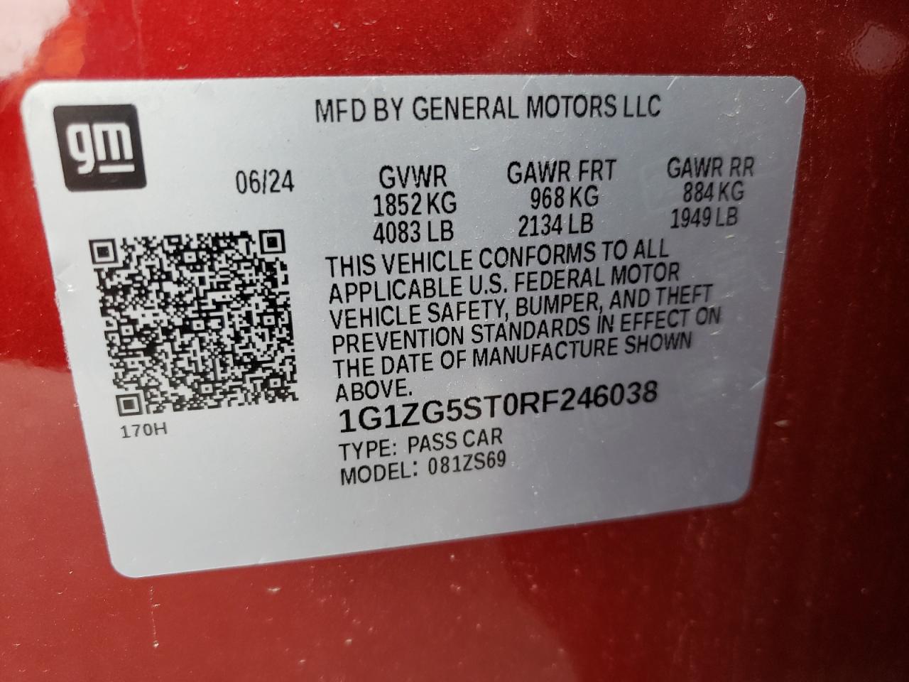 2024 CHEVROLET MALIBU RS VIN:1G1ZG5ST0RF246038