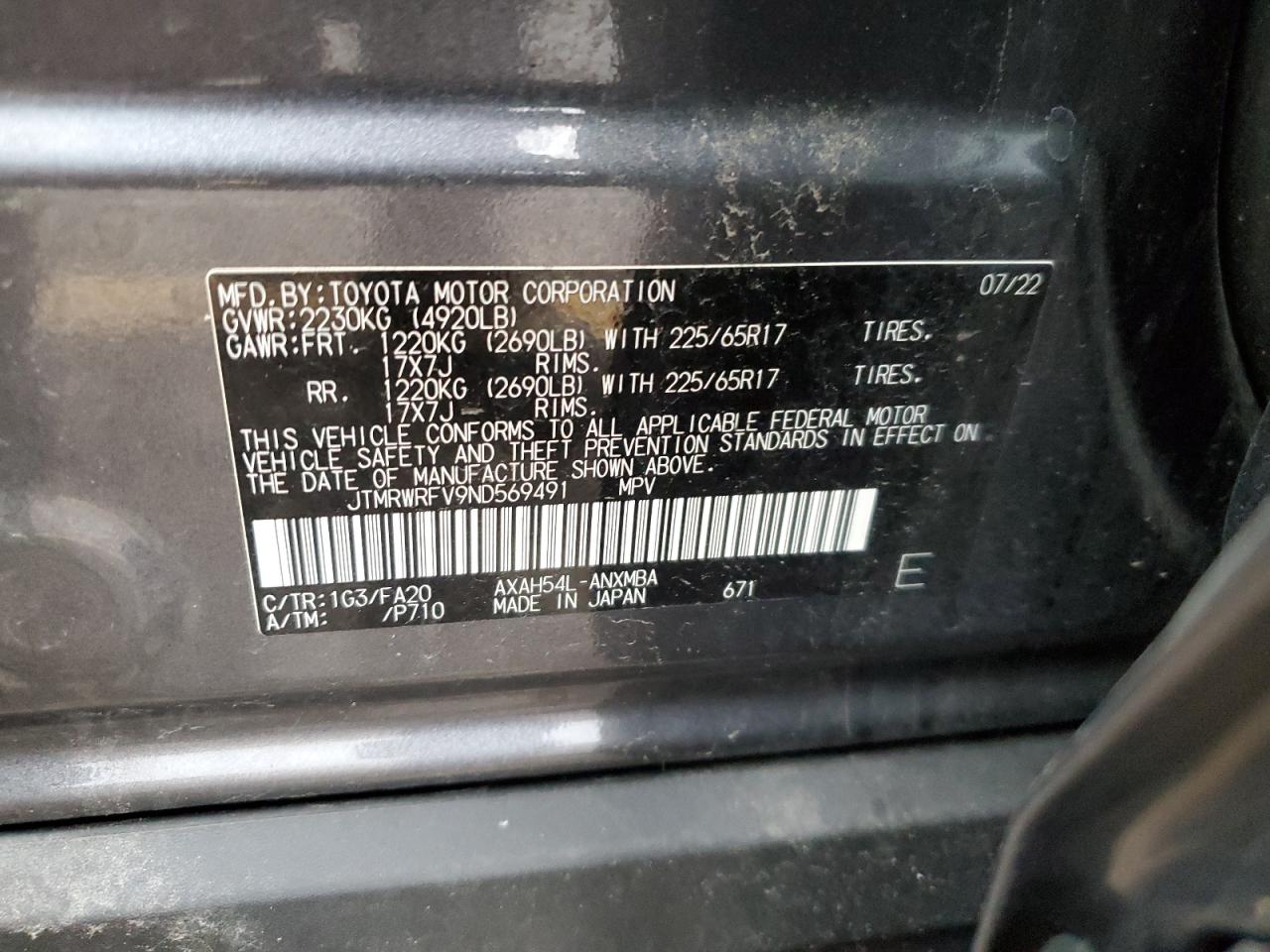 2022 TOYOTA RAV4 XLE VIN:JTMRWRFV9ND569491