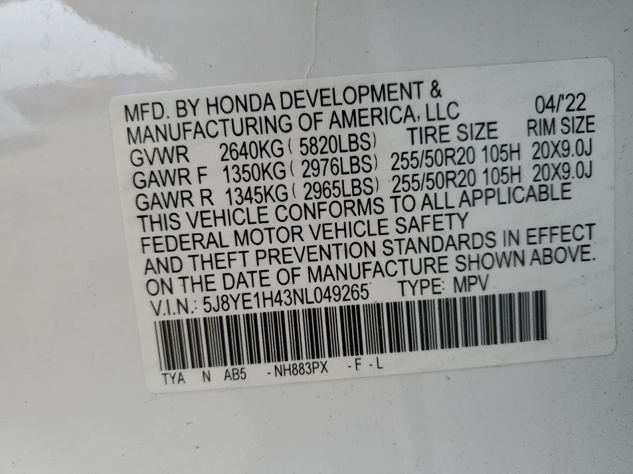 2022 ACURA MDX TECHNOLOGY VIN:5J8YE1H43NL049265