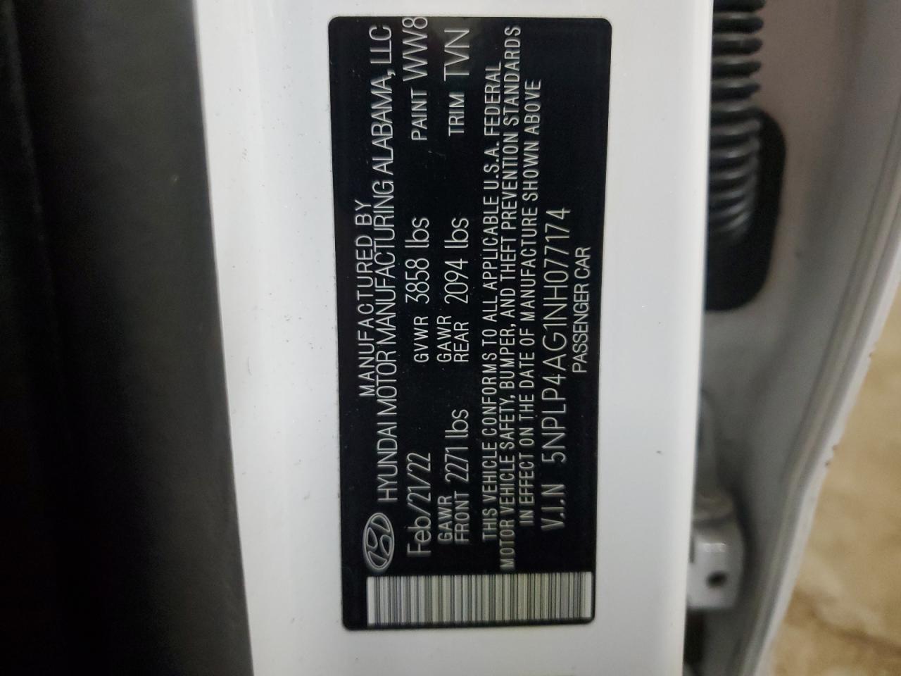 2022 HYUNDAI ELANTRA LIMITED VIN:5NPLP4AG1NH077174