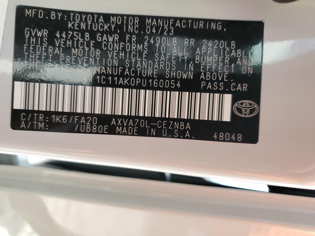 2023 TOYOTA CAMRY LE VIN:4T1C11AK0PU160054