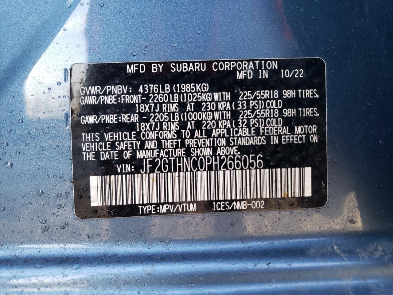 2023 SUBARU CROSSTREK LIMITED VIN:JF2GTHNC0PH266056