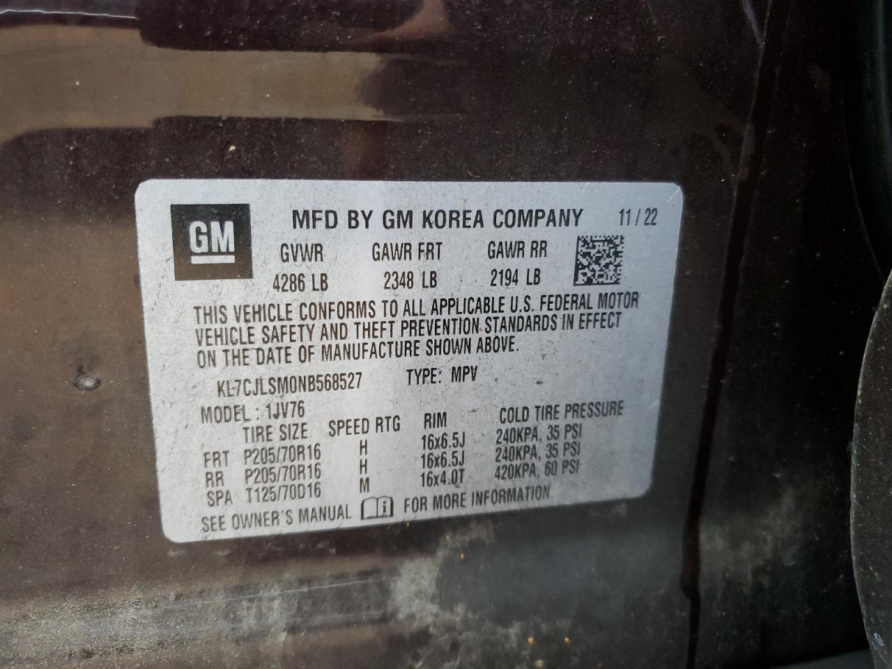 2022 CHEVROLET TRAX 1LT VIN:KL7CJLSM0NB568527