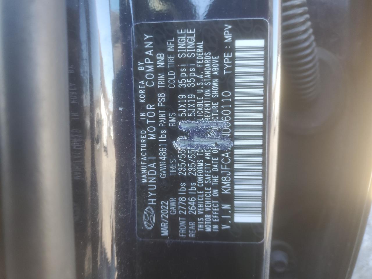 2022 HYUNDAI TUCSON SEL CONVENIENCE VIN:KM8JFCA19NU060110