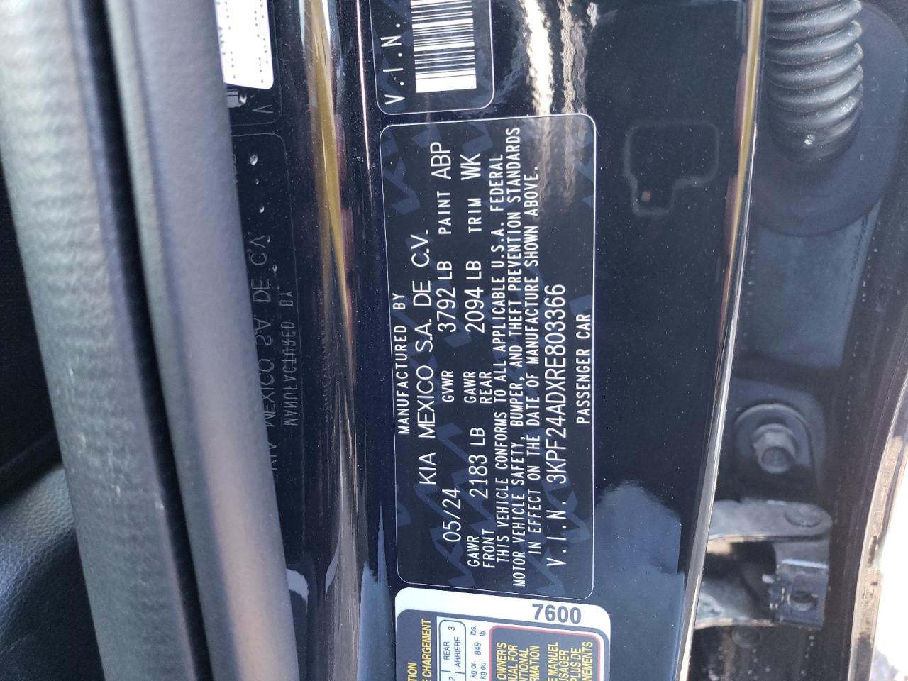 2024 KIA FORTE LX VIN:3KPF24ADXRE803366