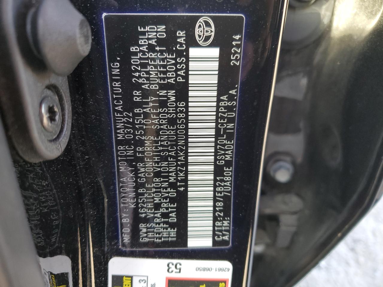 2022 TOYOTA CAMRY TRD VIN:4T1KZ1AK2NU065836