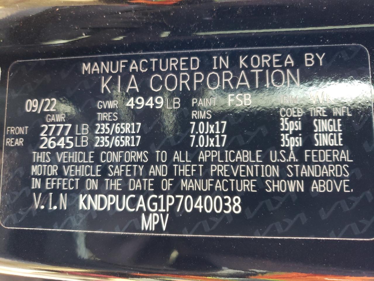 2023 KIA SPORTAGE LX VIN:KNDPUCAG1P7040038