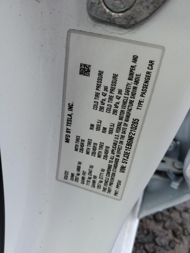 2022 TESLA MODEL 3  VIN:5YJ3E1EB6NF210285
