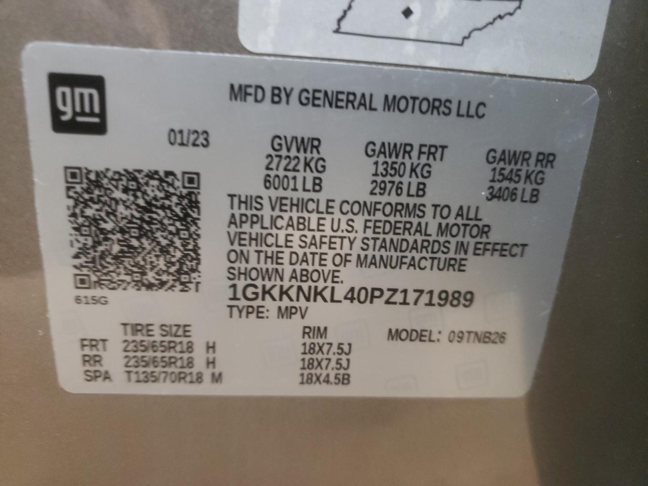 2023 GMC ACADIA SLE VIN:1GKKNKL40PZ171989
