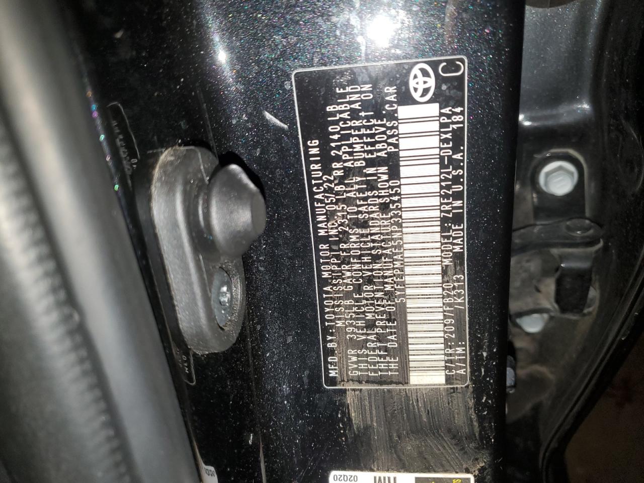 2022 TOYOTA COROLLA LE VIN:5YFEPMAE5NP335450