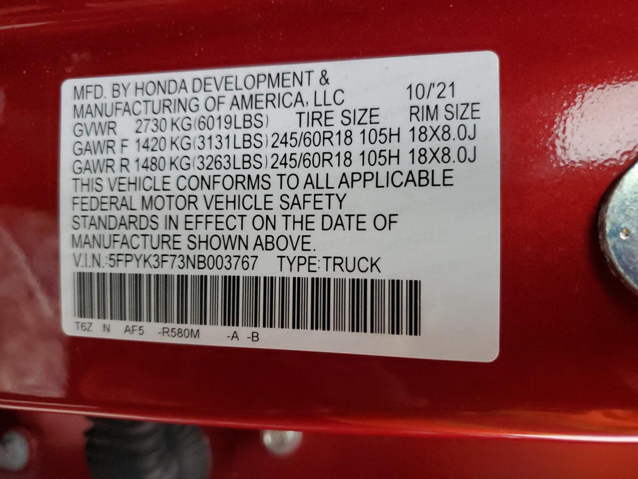 2022 HONDA RIDGELINE RTL VIN:5FPYK3F73NB003767
