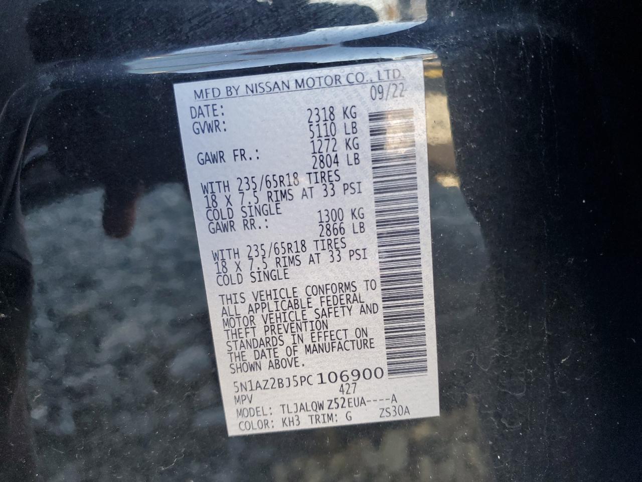 2023 NISSAN MURANO SV VIN:5N1AZ2BJ5PC106900