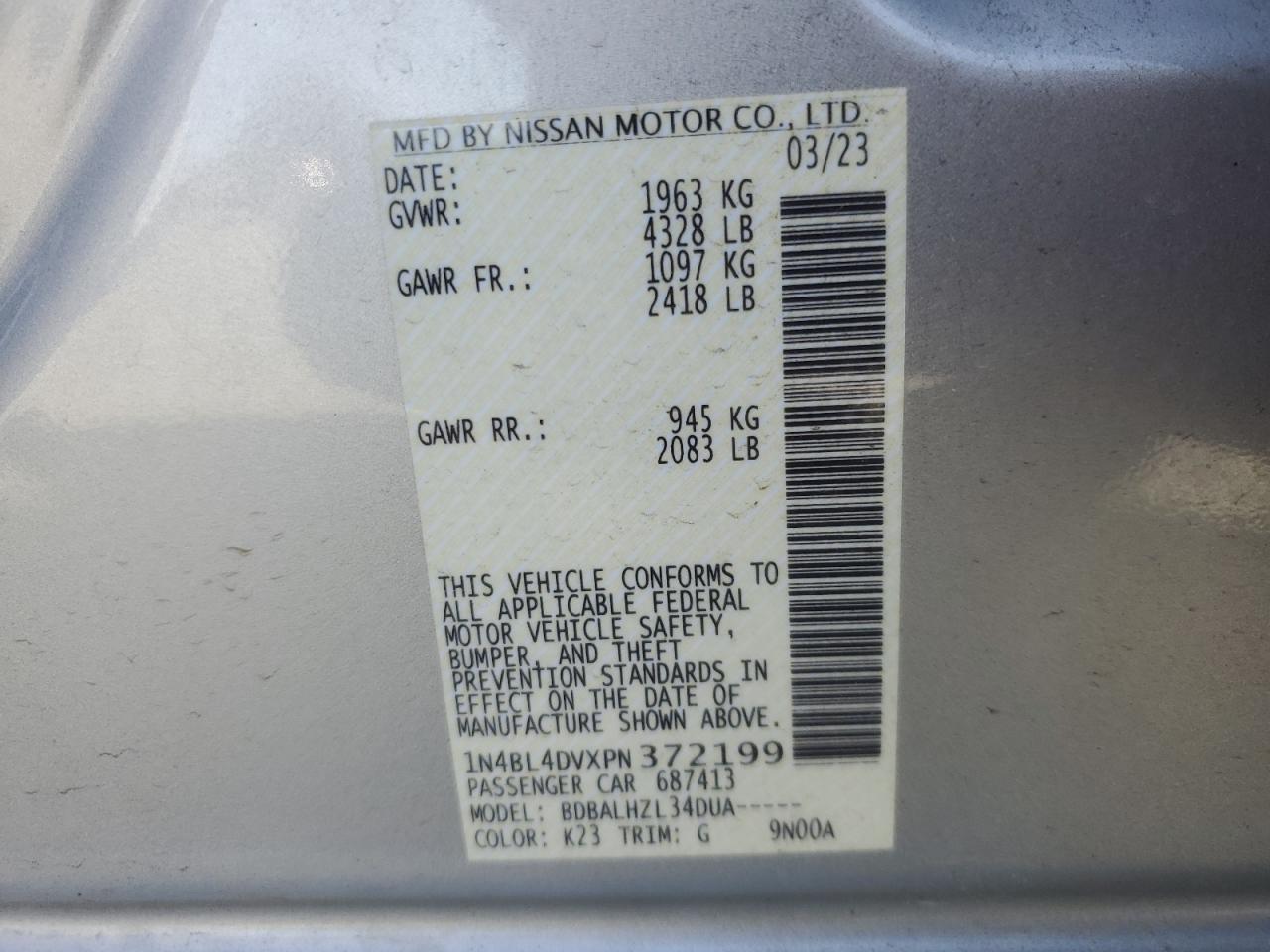 2023 NISSAN ALTIMA SV VIN:1N4BL4DVXPN372199