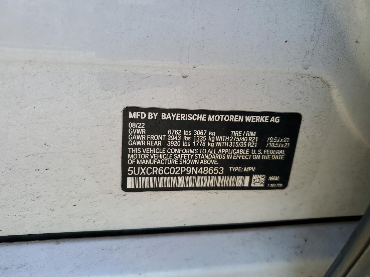 2023 BMW X5 XDRIVE40I VIN:5UXCR6C02P9N48653