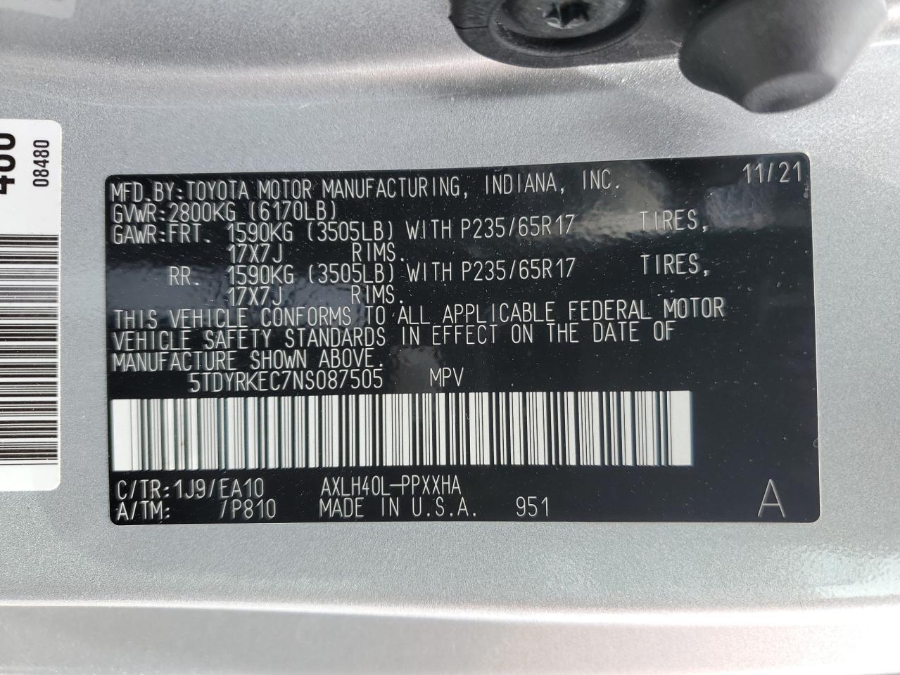 2022 TOYOTA SIENNA XLE VIN:WP0AA2A8XNS255297