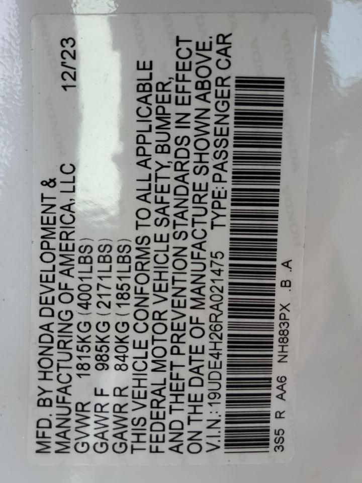 2024 ACURA INTEGRA  VIN:19UDE4H26RA021475