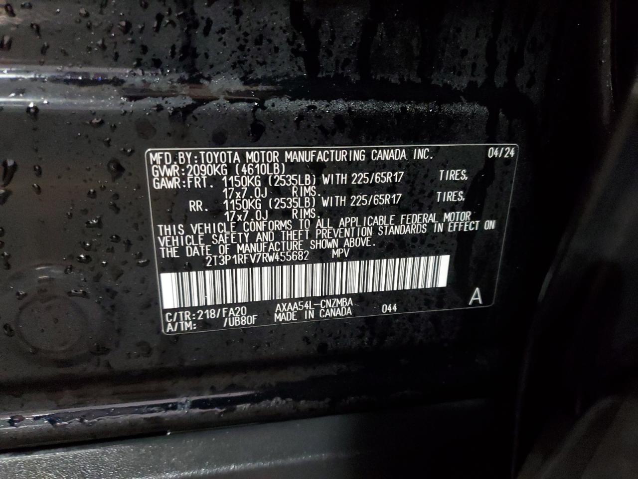 2024 TOYOTA RAV4 XLE VIN:2T3P1RFV7RW455682