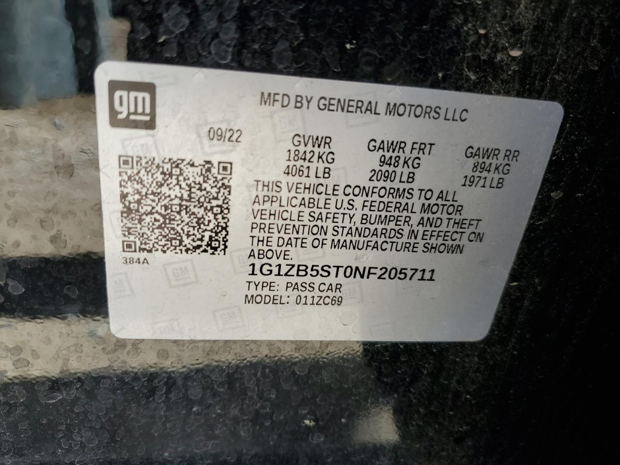 2022 CHEVROLET MALIBU LS VIN:1G1ZB5ST0NF205711