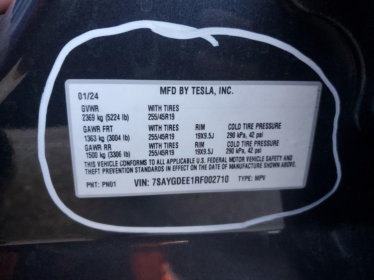 2024 TESLA MODEL Y  VIN:7SAYGDEE1RF002710
