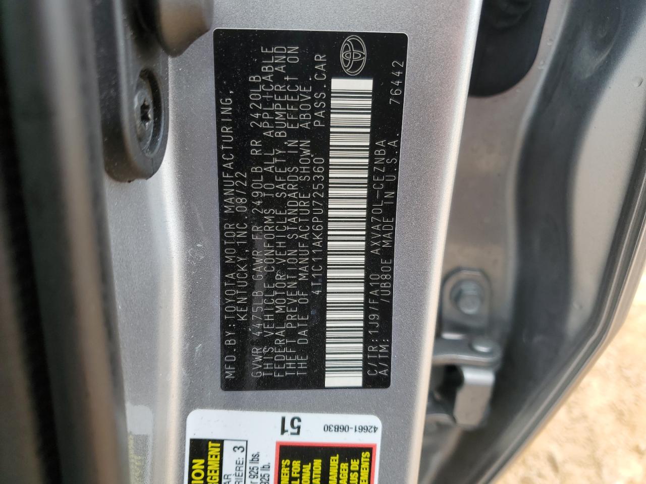 2023 TOYOTA CAMRY LE VIN:4T1C11AK6PU725360