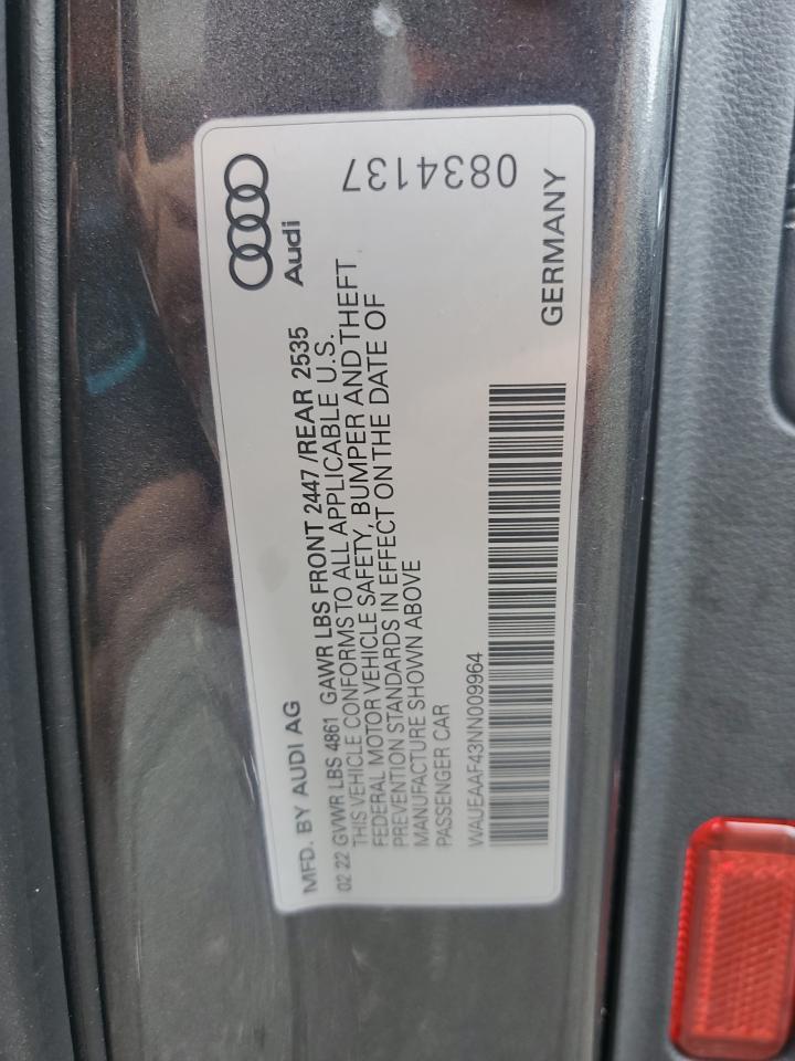 2022 AUDI A4 PREMIUM PLUS 45 VIN:WAUEAAF43NN009964