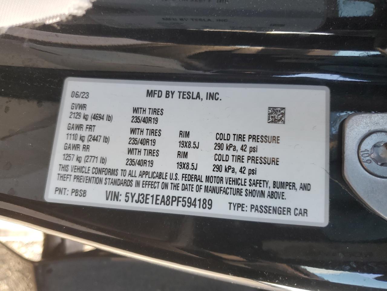 2023 TESLA MODEL 3  VIN:5YJ3E1EA8PF594189