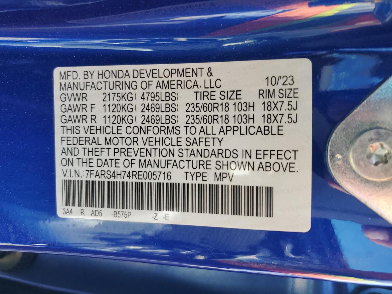 2024 HONDA CR-V EXL VIN:7FARS4H74RE005716