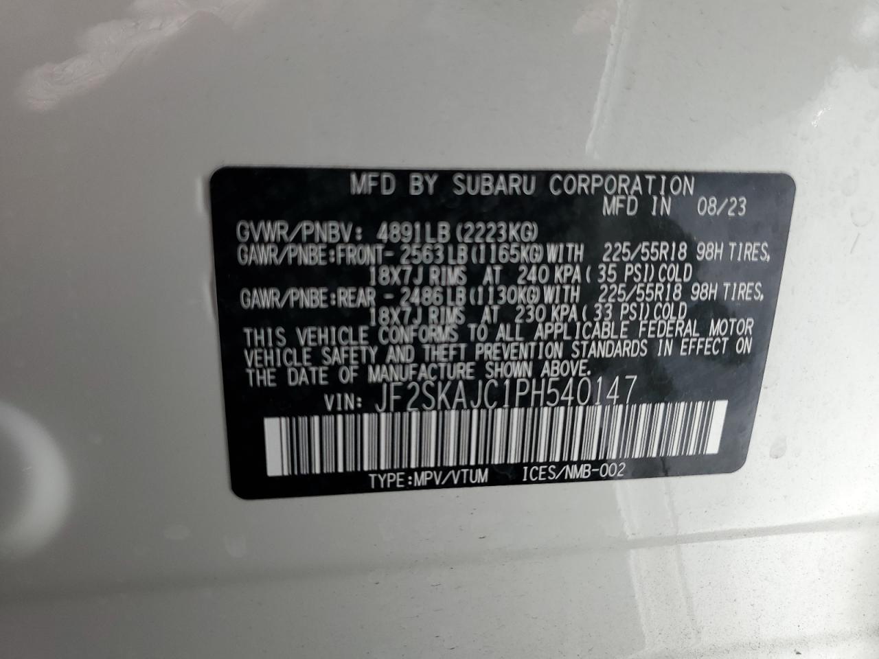 2023 SUBARU FORESTER SPORT VIN:JF2SKAJC1PH540147