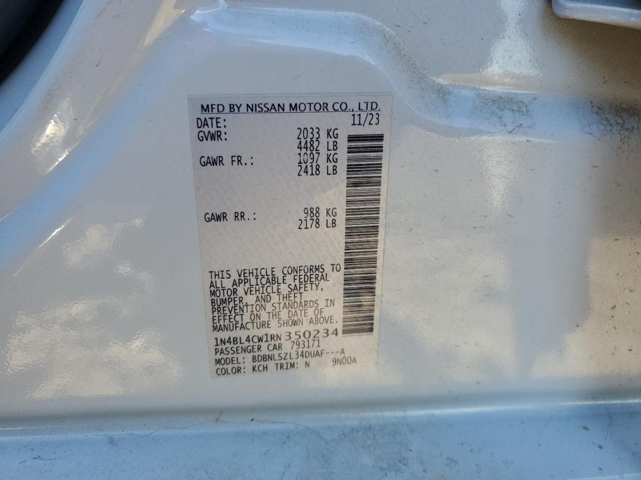 2024 NISSAN ALTIMA SR VIN:1N4BL4CW1RN350234