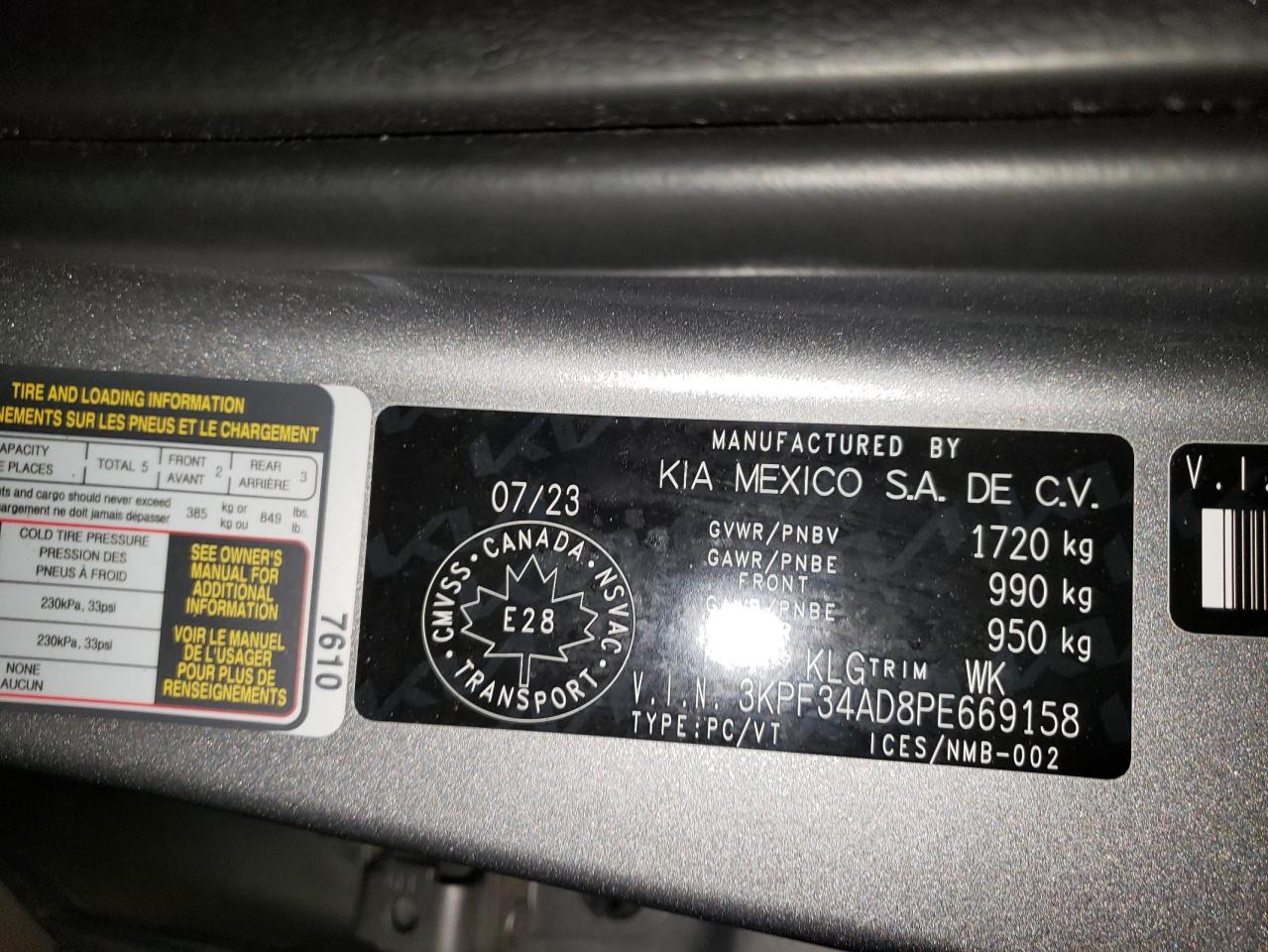 2023 KIA FORTE EX VIN:ZFA3120000J020153