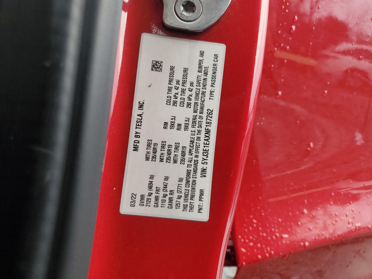 2022 TESLA MODEL 3  VIN:5YJ3E1EAXNF187262