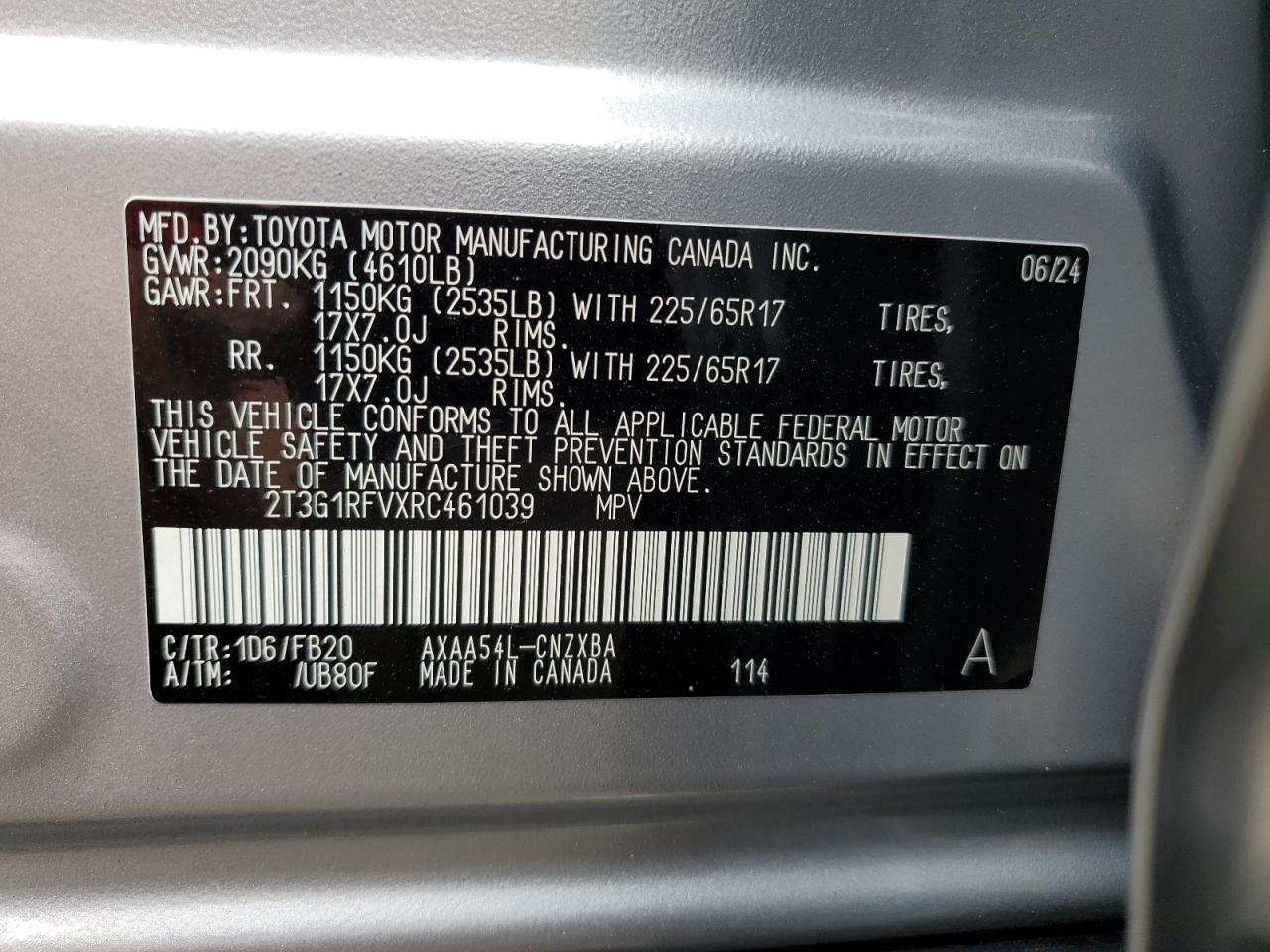 2024 TOYOTA RAV4 LE VIN:2T3G1RFVXRC461039