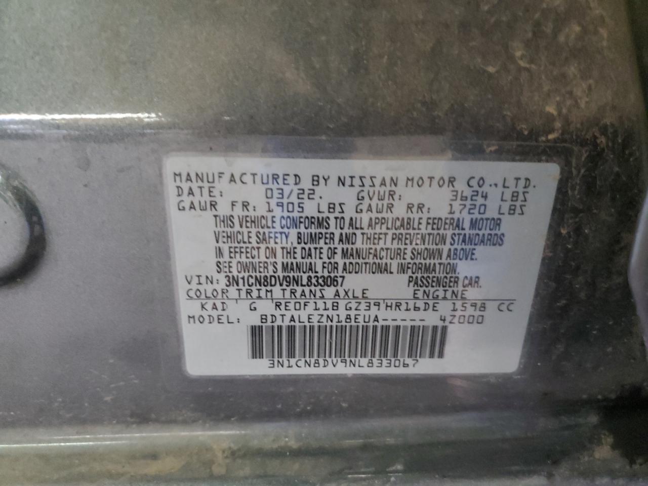 2022 NISSAN VERSA S VIN:3N1CN8DV9NL833067