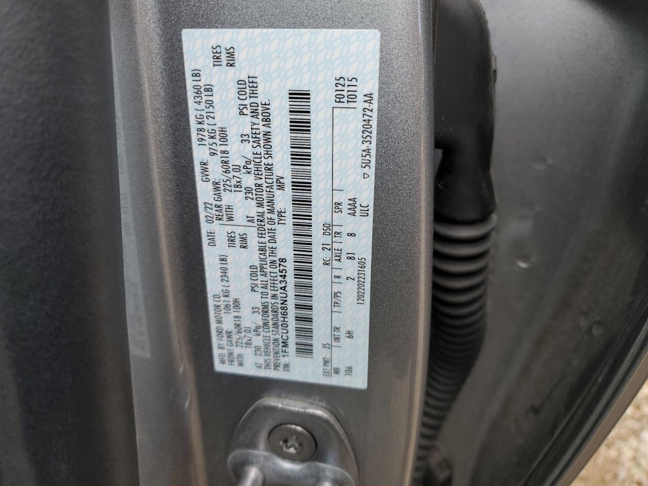 2022 FORD ESCAPE SEL VIN:1FMCU0H68NUA34578