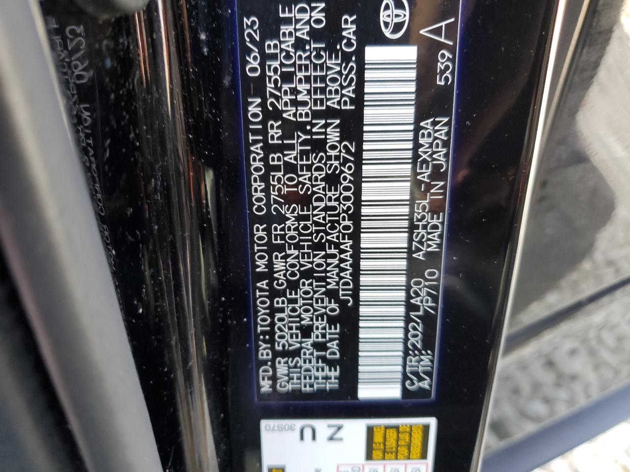 2023 TOYOTA CROWN XLE VIN:JTDAAAAF0P3009672