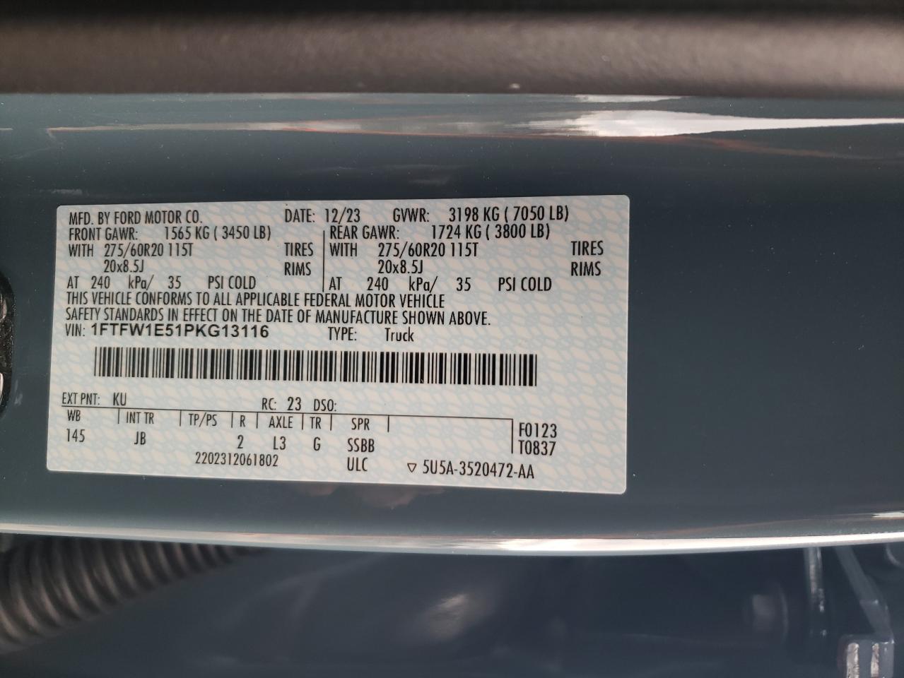 2023 FORD F150 SUPERCREW VIN:1FTFW1E51PKG13116